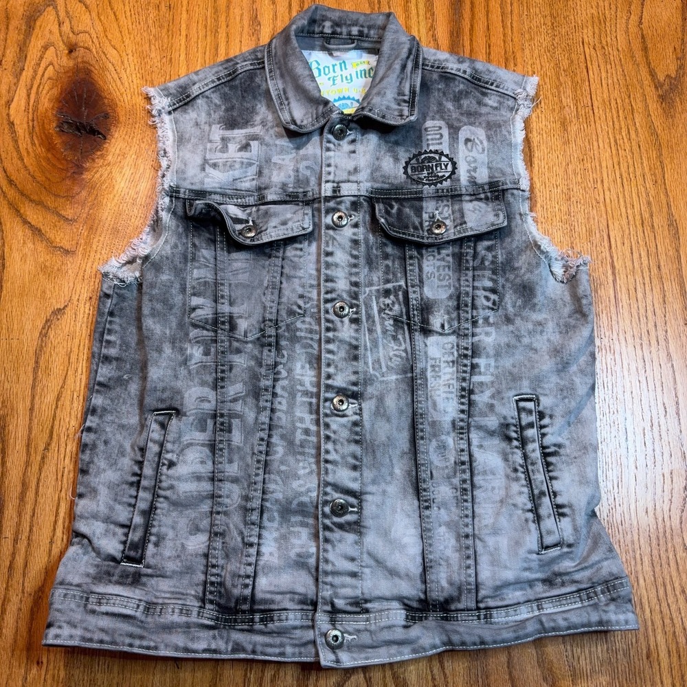 Born Fly Trucker Vest Men's Large Gray Acid Wash Denim Patches Collar Storefront